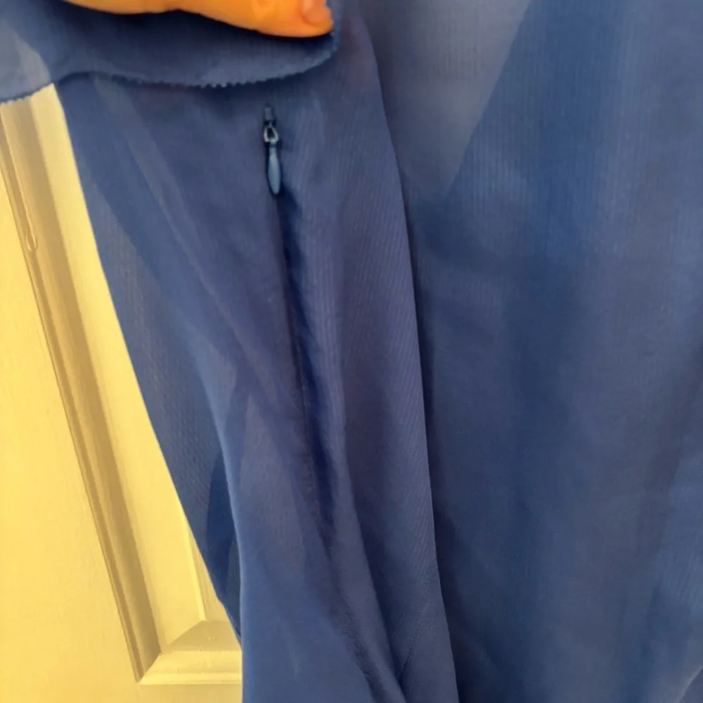 BCBGMaxAzria Silk Royal Cobalt Blue Sheer Blouse size M Ruffles - Picture 9 of 9